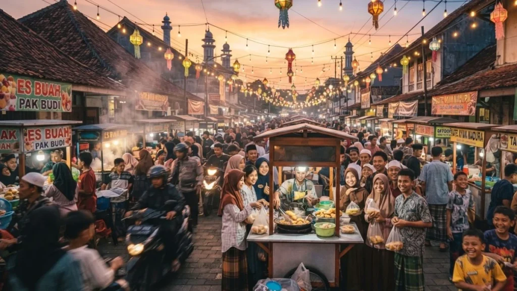 Vendors and visitors at a Yogyakarta Ramadan evening food market before iftar